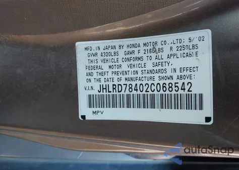 2002 Honda Cr-V Lx from USA, damaged, VIN JHLRD78402C068542